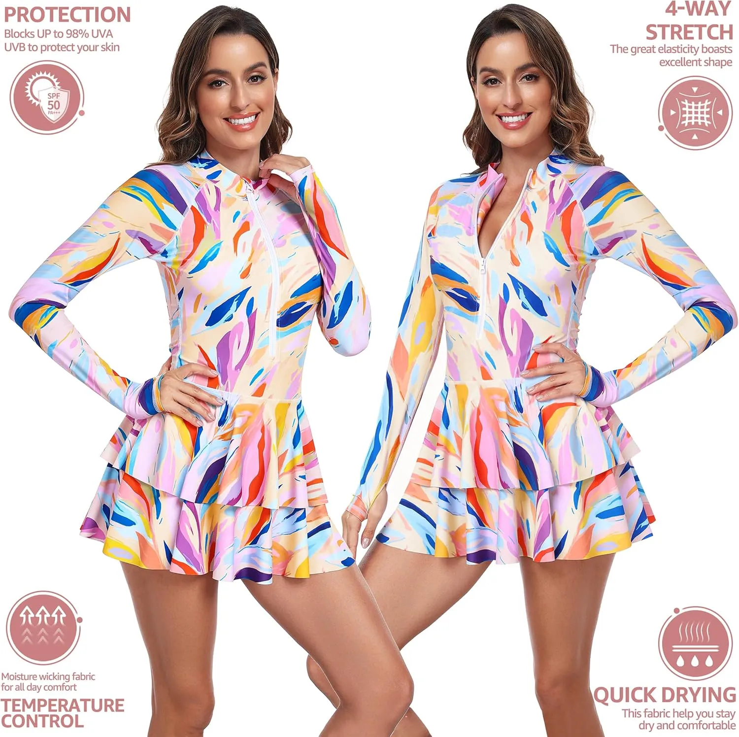 UNIQUEBELLA Rash Guard for Women, 1 Piece Modest Swimsuits for Women - Long Sleeve Swimsuits UV UPF 50  Swim Shirt