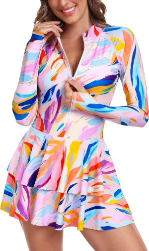 UNIQUEBELLA Rash Guard for Women, 1 Piece Modest Swimsuits for Women - Long Sleeve Swimsuits UV UPF 50  Swim Shirt