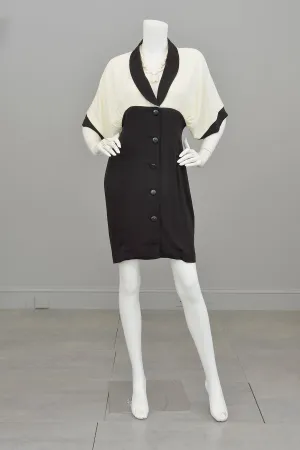 Vintage 1980s Black Cream Color-Block Batwing Retro Dress
