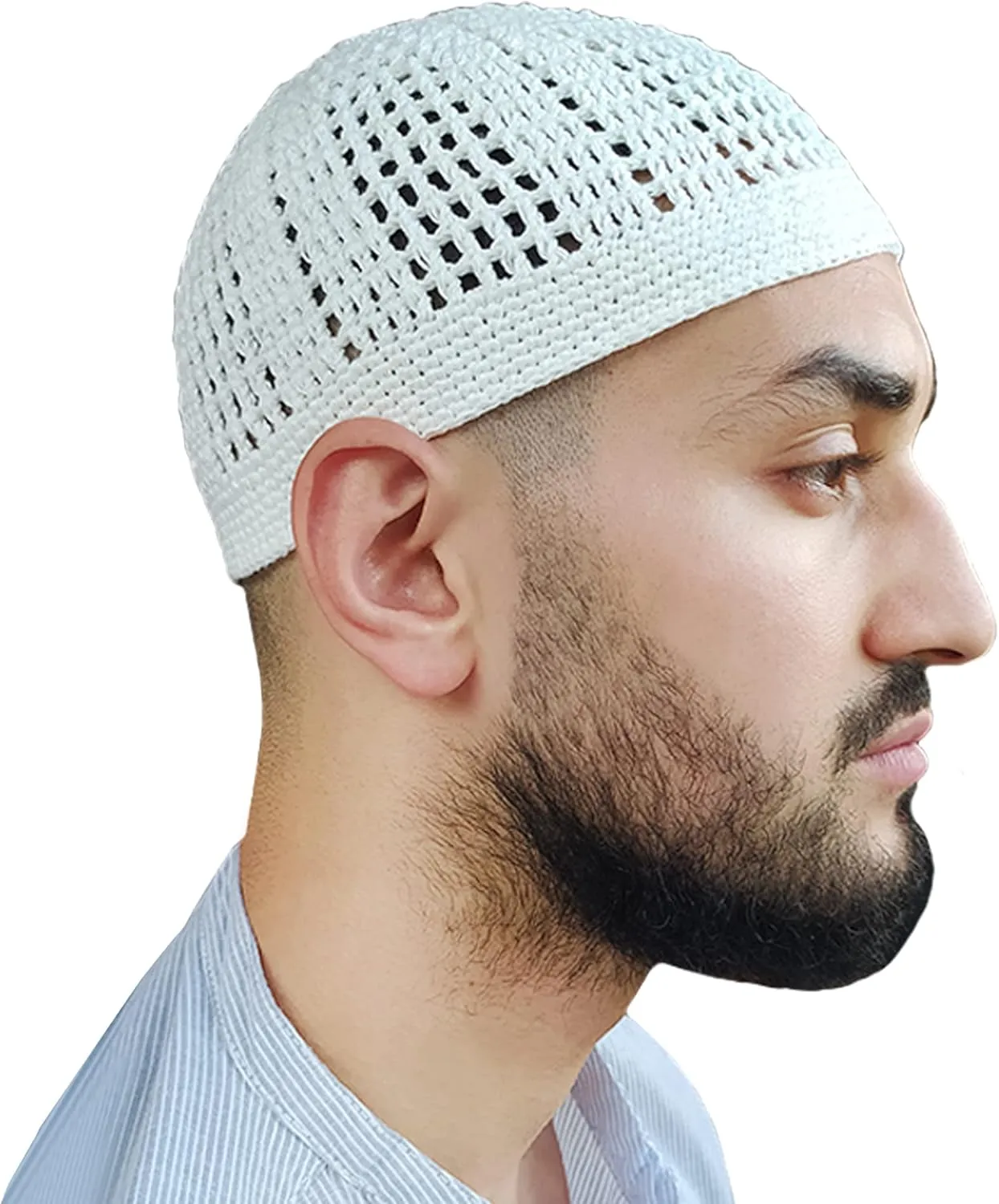White Kufi Hat Tight & Loose Weave Mix Crocheted Comfortable Cotton Muslim Kufi Topi Skull Prayer Cap