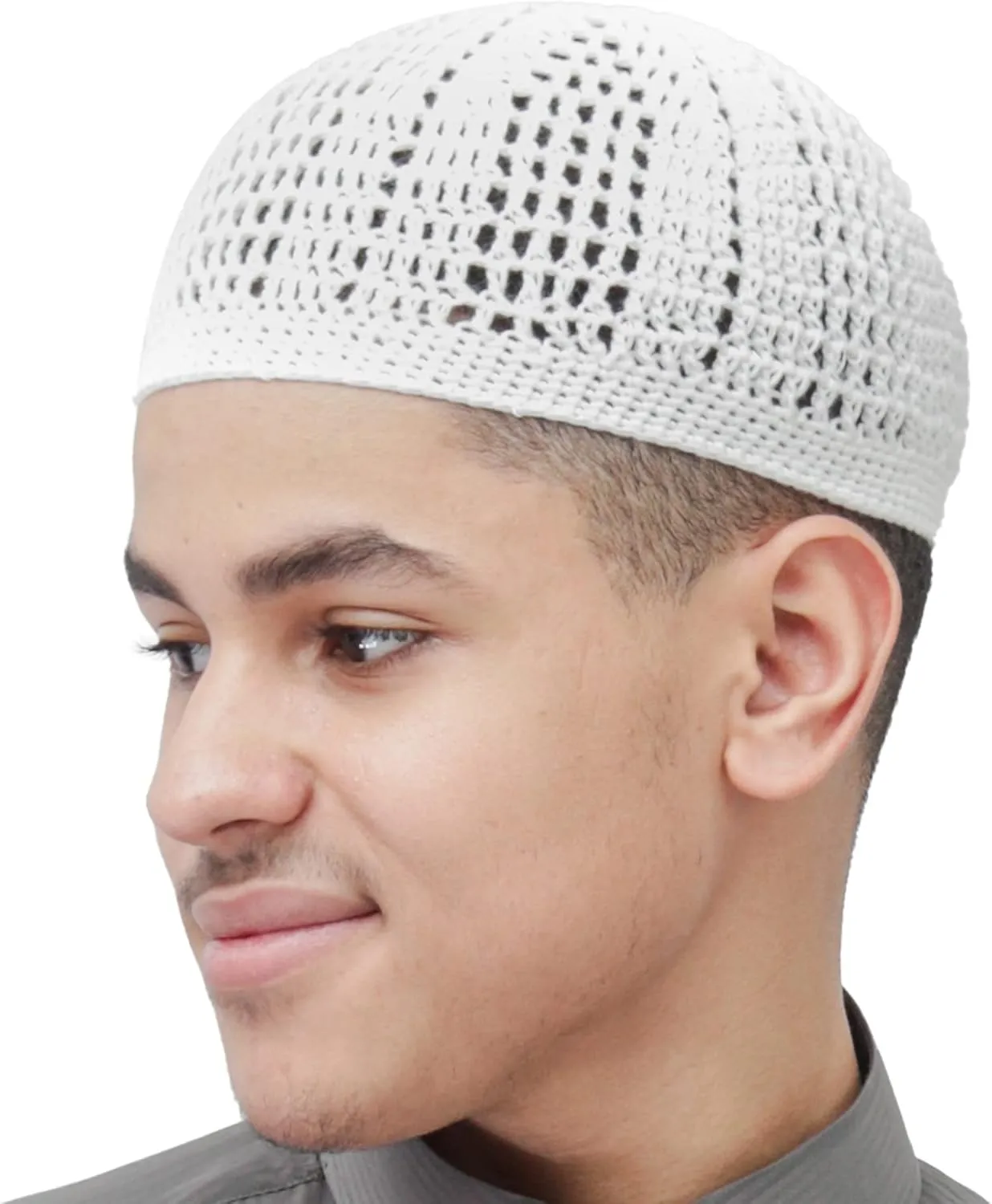 White Kufi Hat Tight & Loose Weave Mix Crocheted Comfortable Cotton Muslim Kufi Topi Skull Prayer Cap