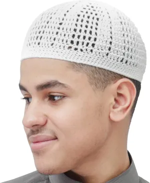 White Kufi Hat Tight & Loose Weave Mix Crocheted Comfortable Cotton Muslim Kufi Topi Skull Prayer Cap