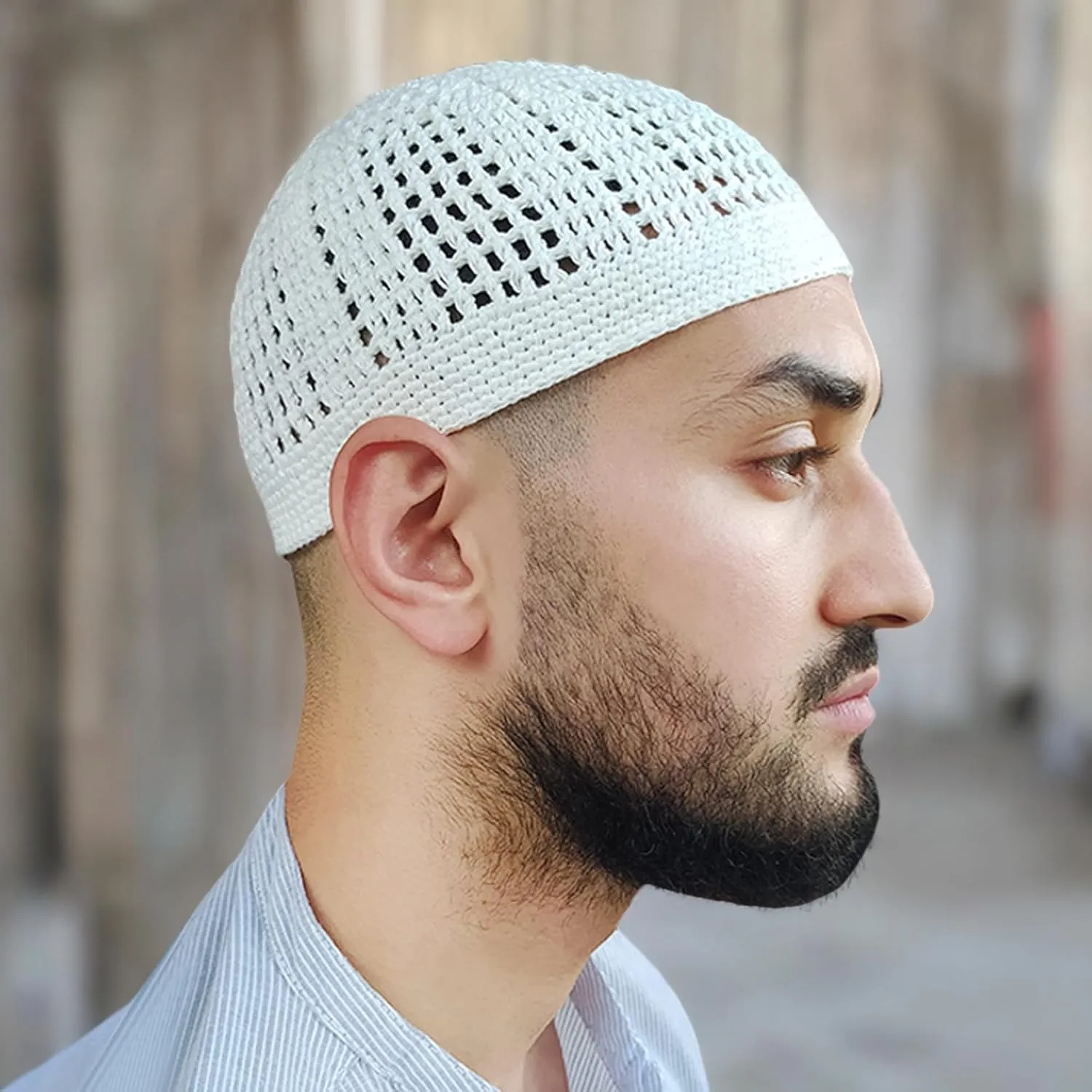 White Kufi Hat Tight & Loose Weave Mix Crocheted Comfortable Cotton Muslim Kufi Topi Skull Prayer Cap