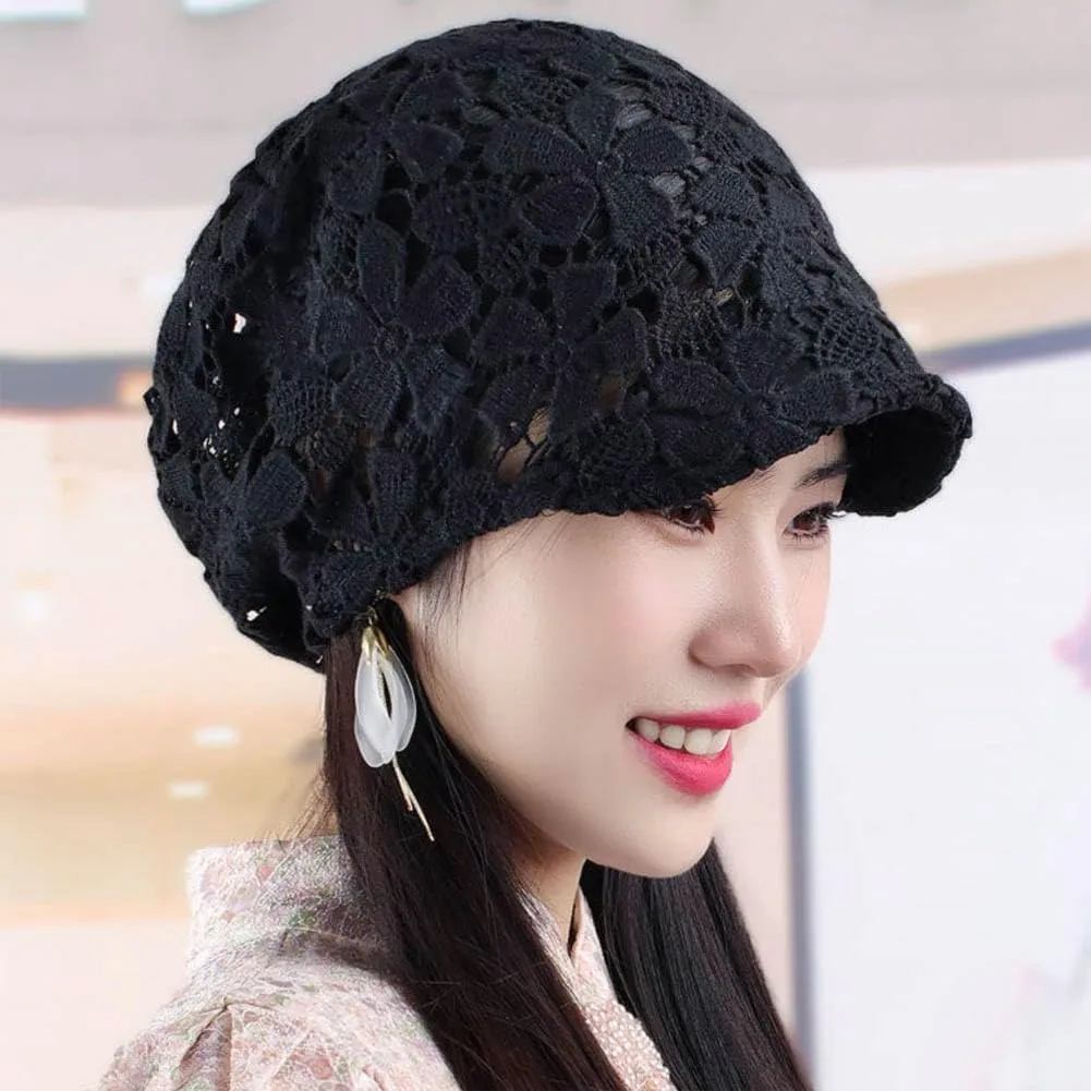 Women Fall Slouchy Crochet Beanie Hat Spring Summer Handmade Cutout Knit Skull Cap with Brim Visor