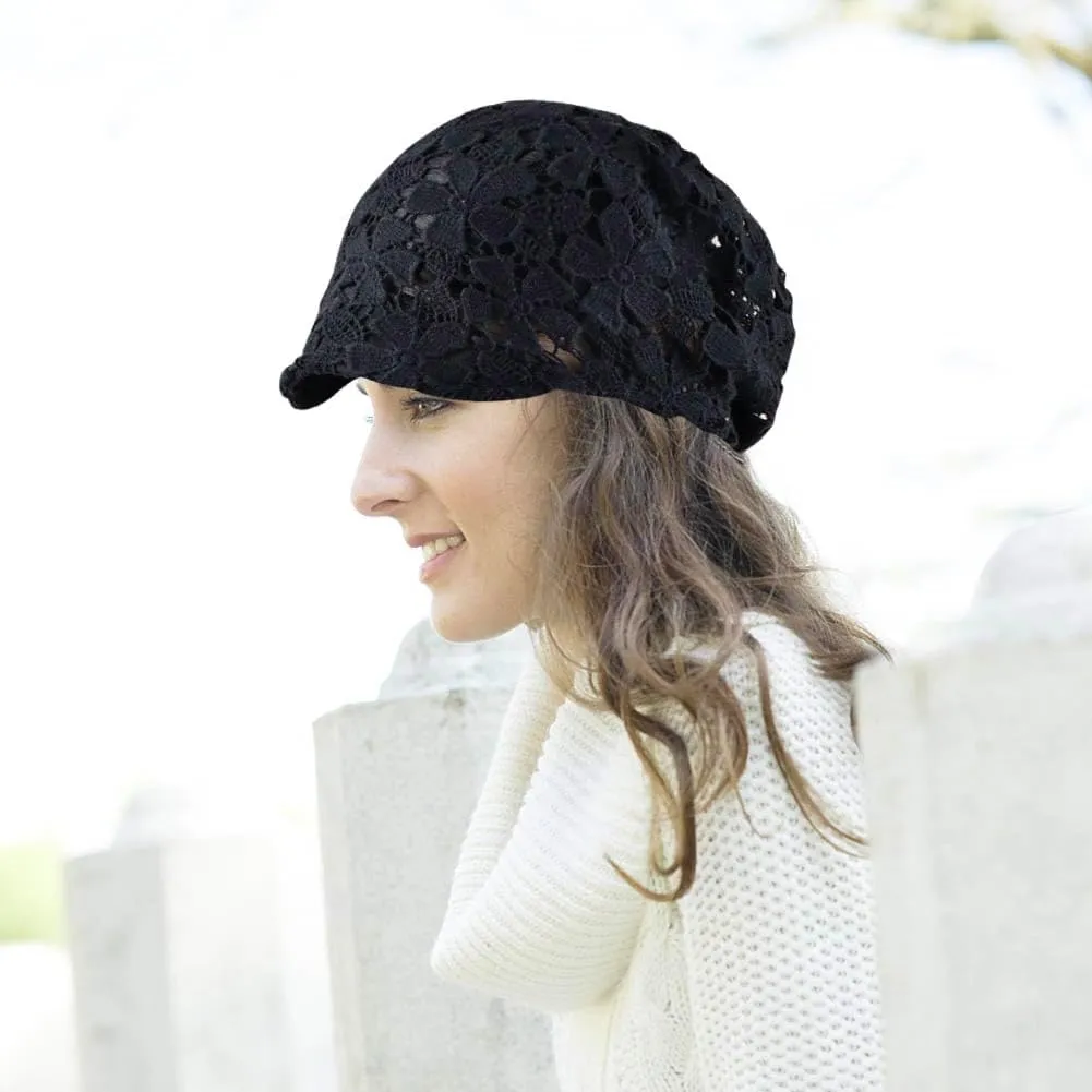 Women Fall Slouchy Crochet Beanie Hat Spring Summer Handmade Cutout Knit Skull Cap with Brim Visor