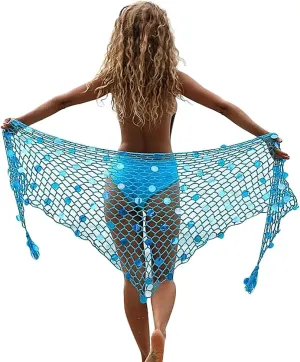 Women Hollow Out Crochet Cover Up Triangle Shawl Wrap Scarf Sarong Fishnet Skirt with Shells/Sequin