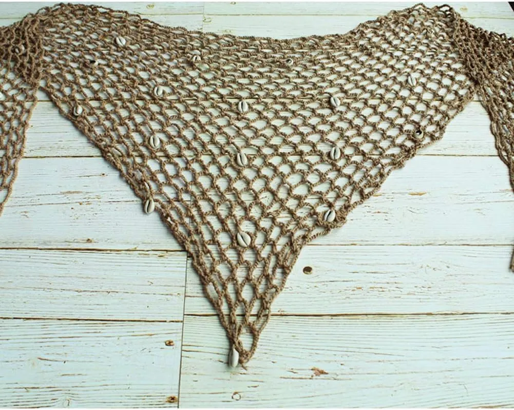 Women Hollow Out Crochet Cover Up Triangle Shawl Wrap Scarf Sarong Fishnet Skirt with Shells/Sequin
