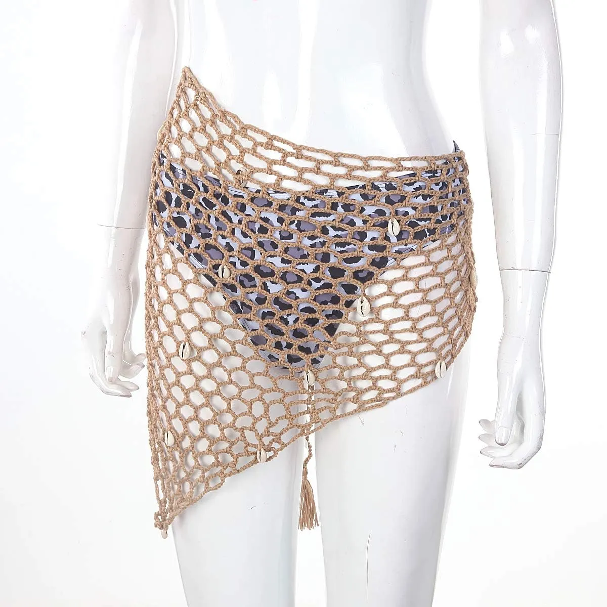 Women Hollow Out Crochet Cover Up Triangle Shawl Wrap Scarf Sarong Fishnet Skirt with Shells/Sequin