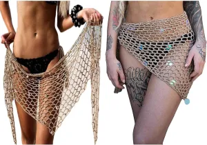 Women Hollow Out Crochet Cover Up Triangle Shawl Wrap Scarf Sarong Fishnet Skirt with Shells/Sequin