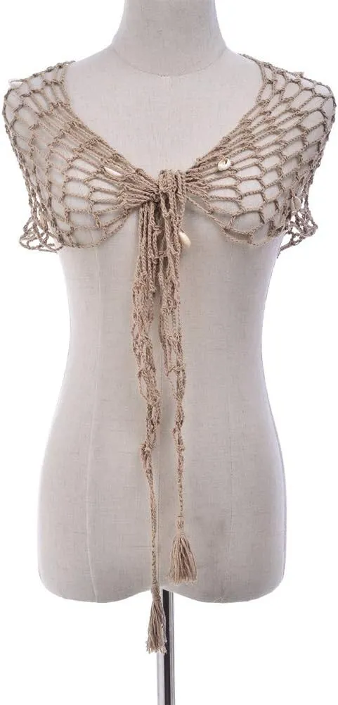 Women Hollow Out Crochet Cover Up Triangle Shawl Wrap Scarf Sarong Fishnet Skirt with Shells/Sequin