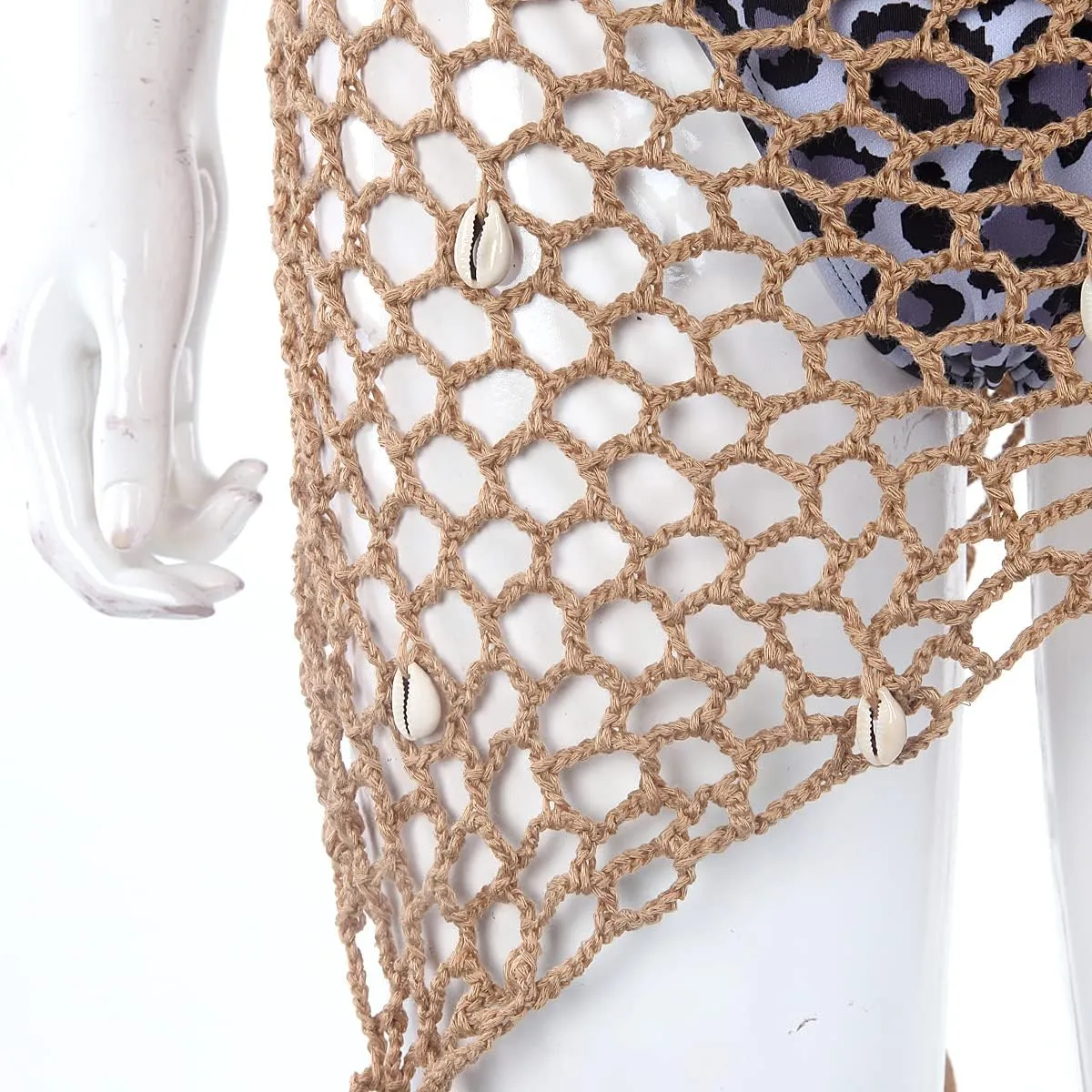 Women Hollow Out Crochet Cover Up Triangle Shawl Wrap Scarf Sarong Fishnet Skirt with Shells/Sequin