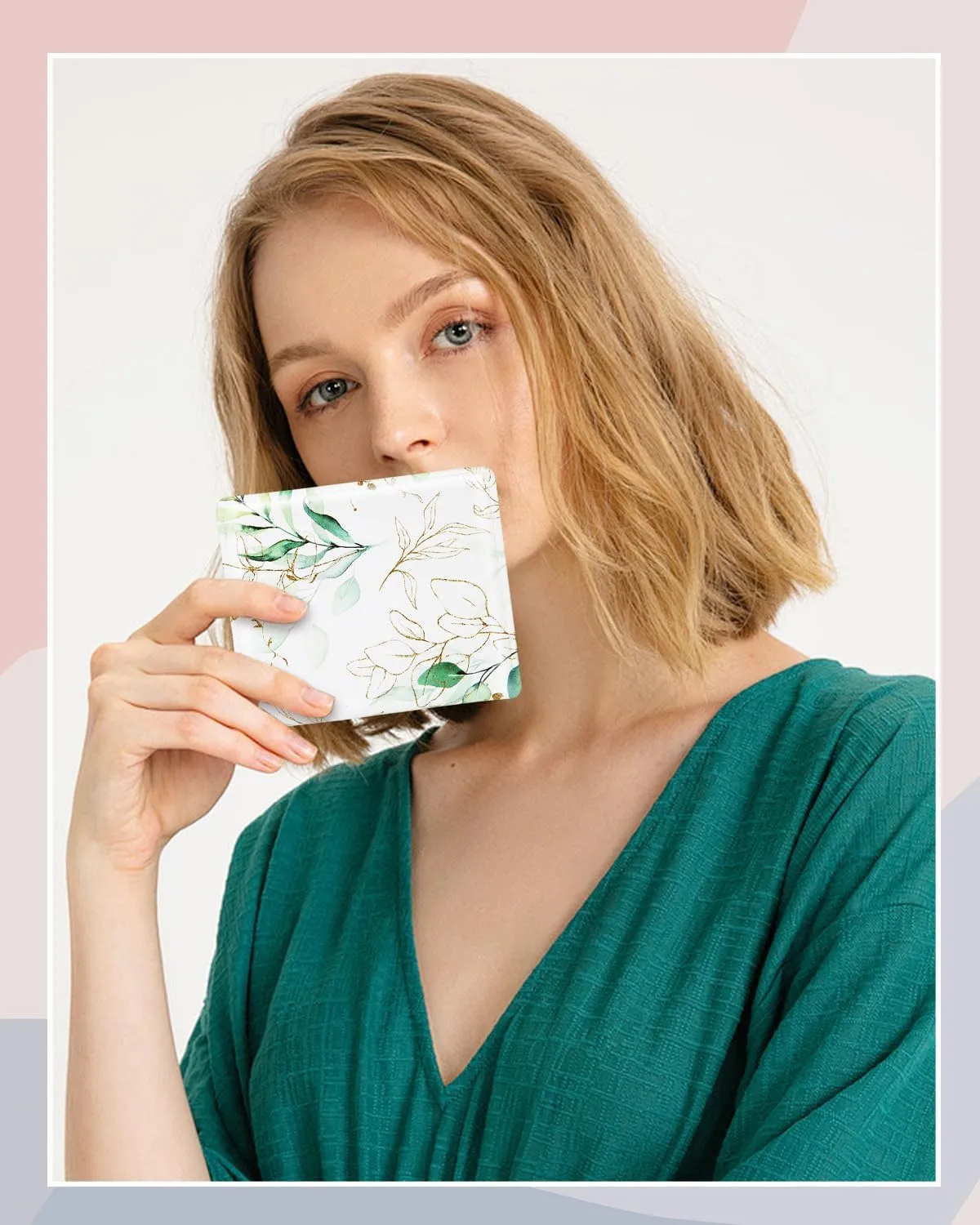 Womens Wallet, RFID Small Card Wallets for Women, Slim Thin Bifold Leather Credit Card Holder Wallet, Cute Compact Wallet Ladies Mini Purse with Zipper Coin Pocket & ID Window(Abstract Green Leaf)