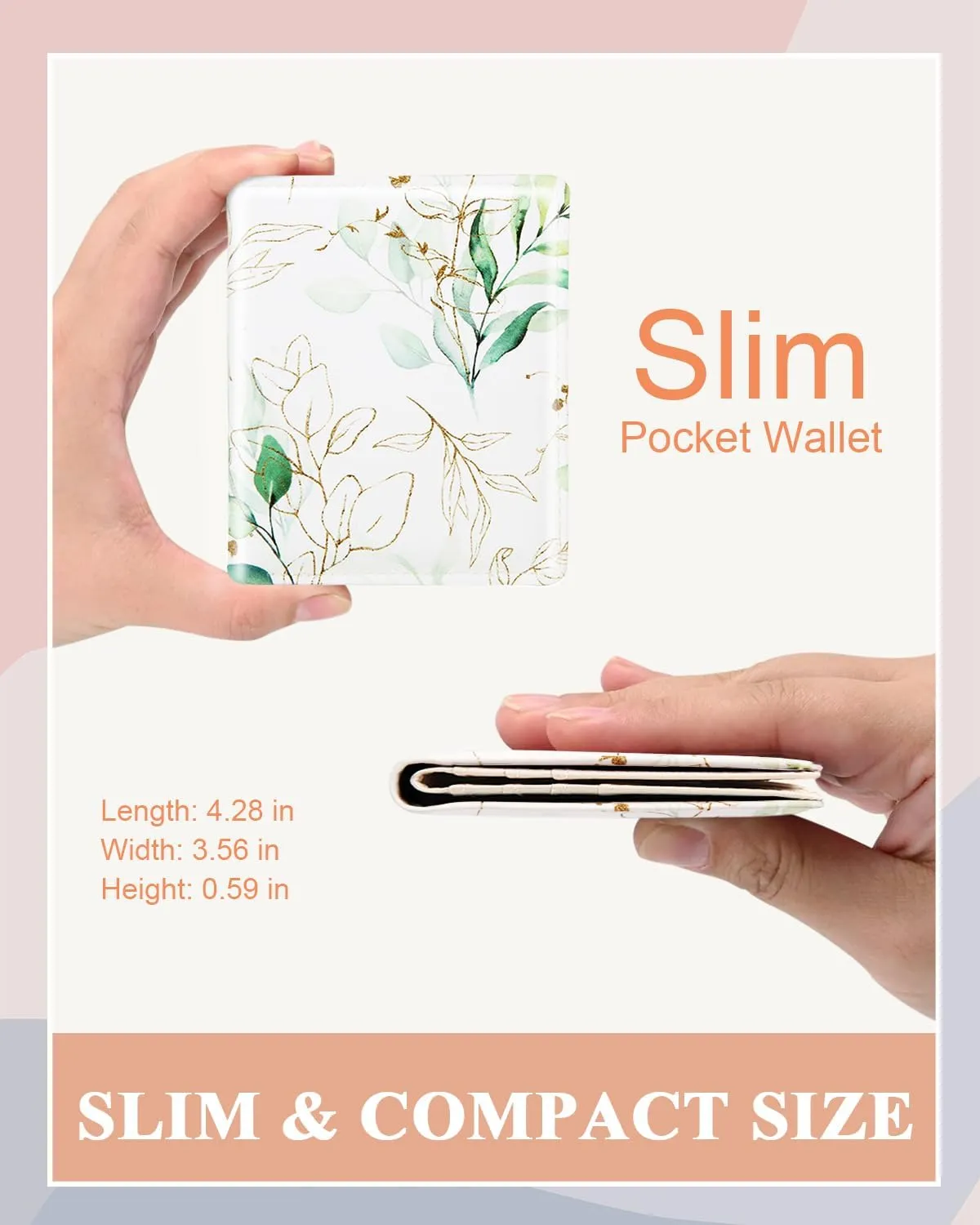 Womens Wallet, RFID Small Card Wallets for Women, Slim Thin Bifold Leather Credit Card Holder Wallet, Cute Compact Wallet Ladies Mini Purse with Zipper Coin Pocket & ID Window(Abstract Green Leaf)