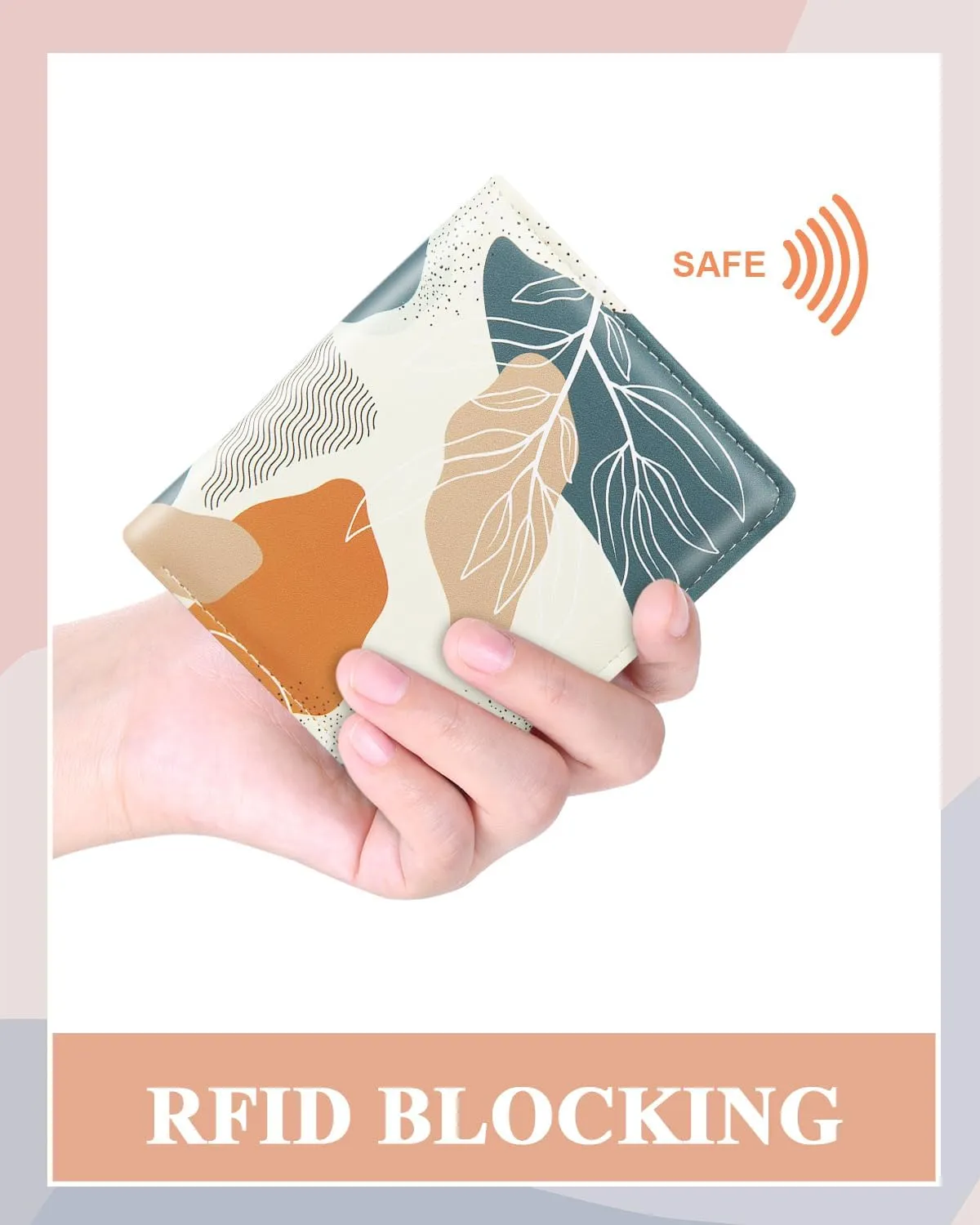 Womens Wallet, RFID Small Card Wallets for Women, Slim Thin Bifold Leather Credit Card Holder Wallet, Cute Compact Wallet Ladies Mini Purse with Zipper Coin Pocket & ID Window(Abstract Leaf)