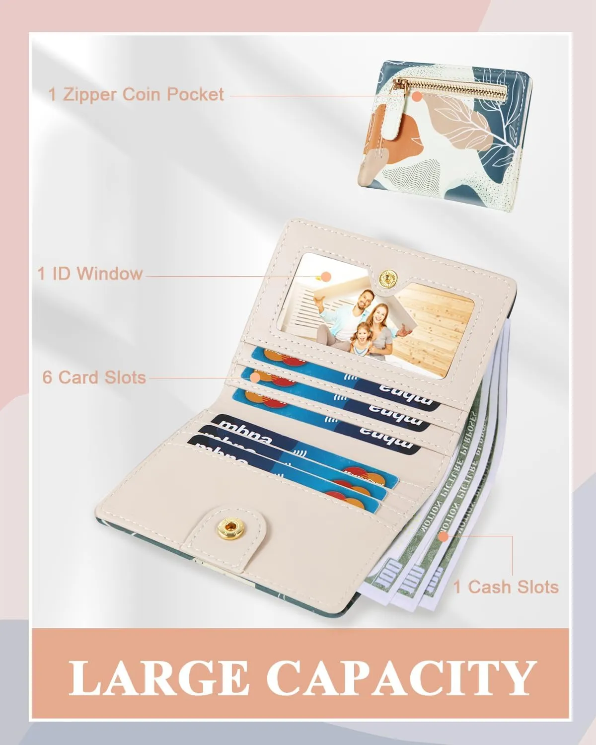 Womens Wallet, RFID Small Card Wallets for Women, Slim Thin Bifold Leather Credit Card Holder Wallet, Cute Compact Wallet Ladies Mini Purse with Zipper Coin Pocket & ID Window(Abstract Leaf)