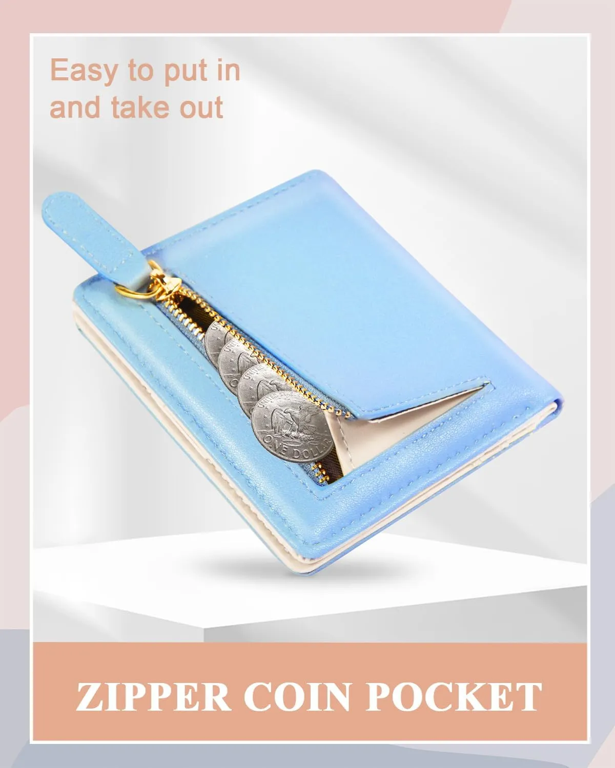 Womens Wallet, RFID Small Card Wallets for Women, Slim Thin Bifold Leather Credit Card Holder Wallet, Cute Compact Wallet Ladies Mini Purse with Zipper Coin Pocket & ID Window(Blue)