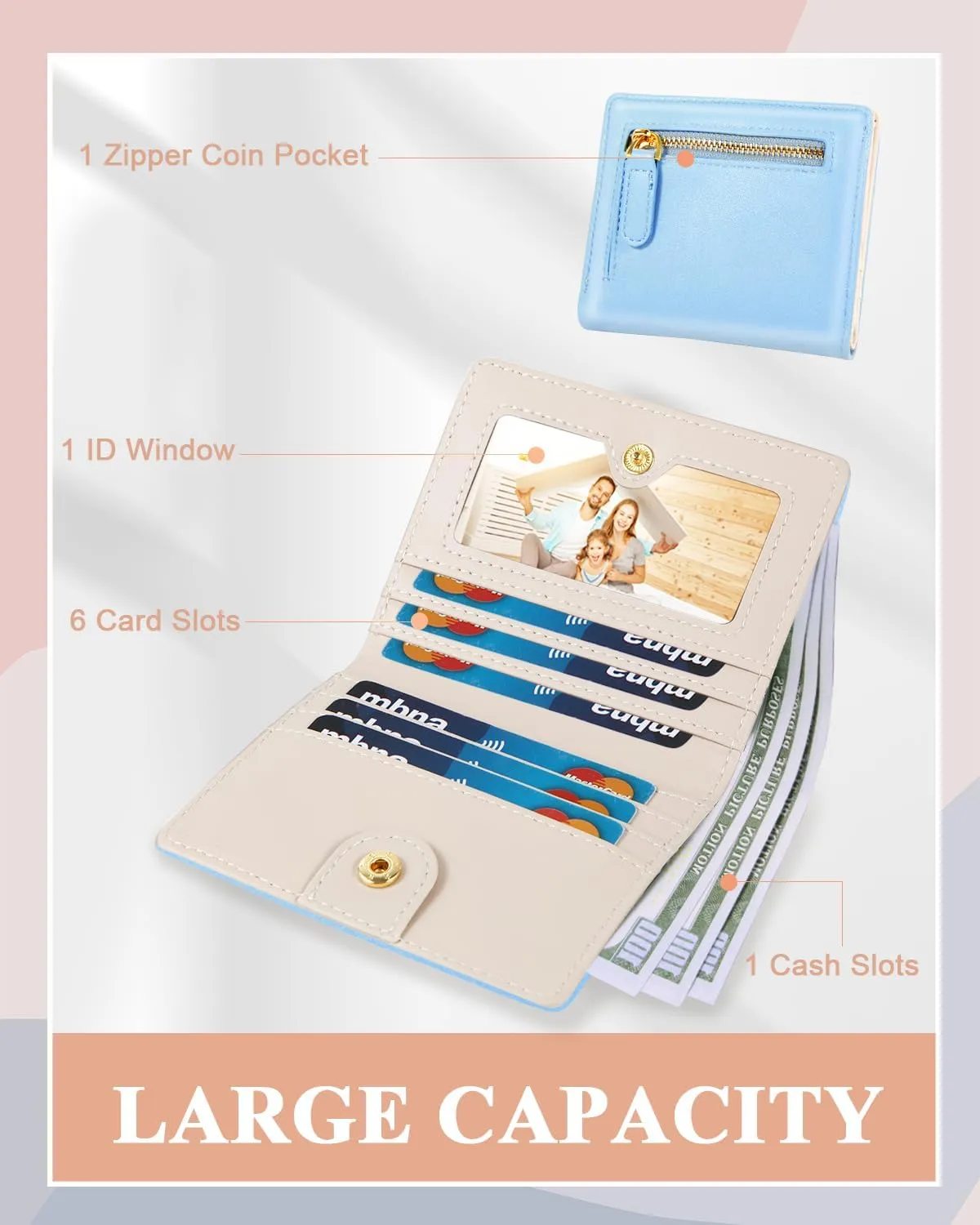 Womens Wallet, RFID Small Card Wallets for Women, Slim Thin Bifold Leather Credit Card Holder Wallet, Cute Compact Wallet Ladies Mini Purse with Zipper Coin Pocket & ID Window(Blue)